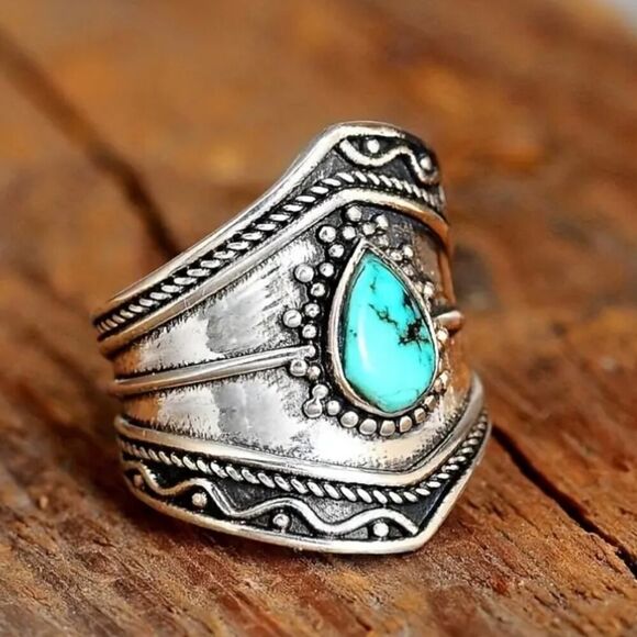 Irregular Band Ring Inlaid with Artificial Turquoise Bohemian Ring - Picture 4 of 6